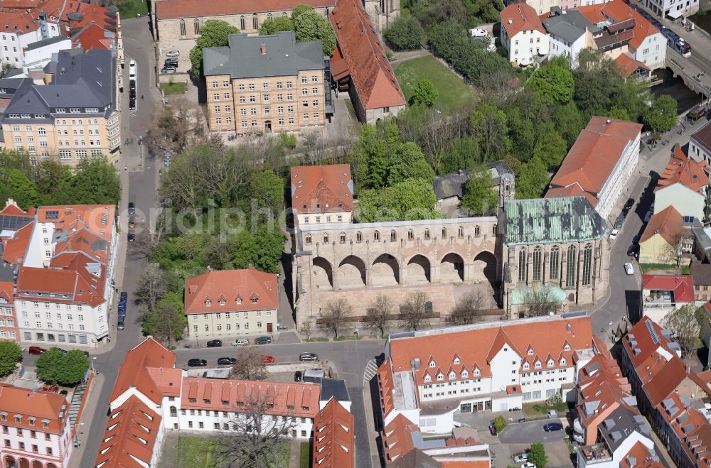 Erfurt from above - Ruins of church building Barfuesserkirche on Barfuesserstrasse in the district Altstadt in Erfurt in the state Thuringia, Germany