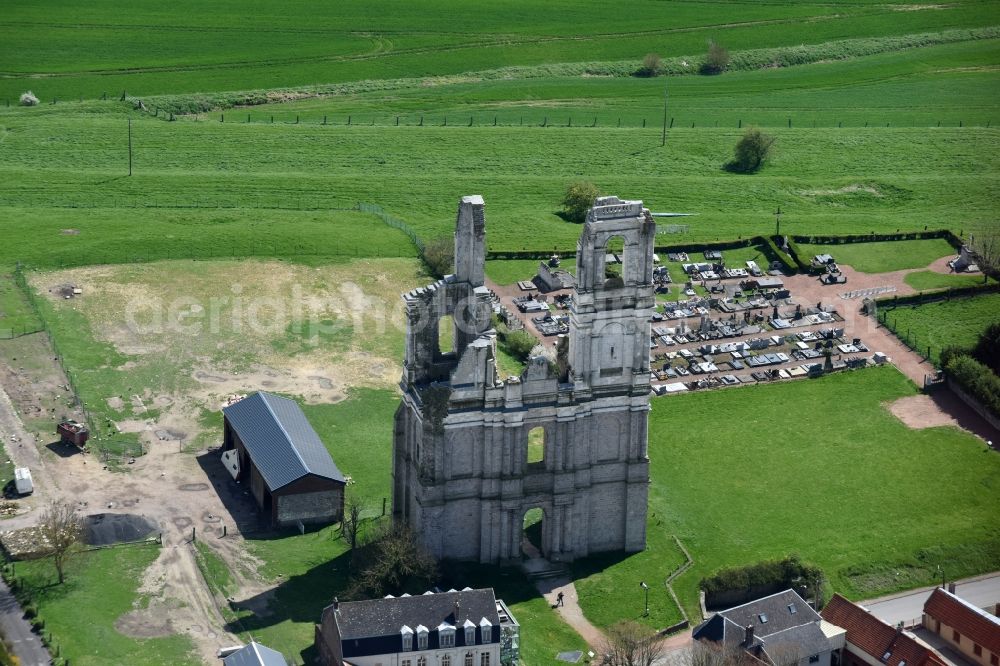 Mont-Saint-Éloi from above - Ruins of the church building of the two collapsed towers and remains of the facade of the abbey at Mont-Saint-Eloi in Nord-Pas-de-Calais Picardy, France