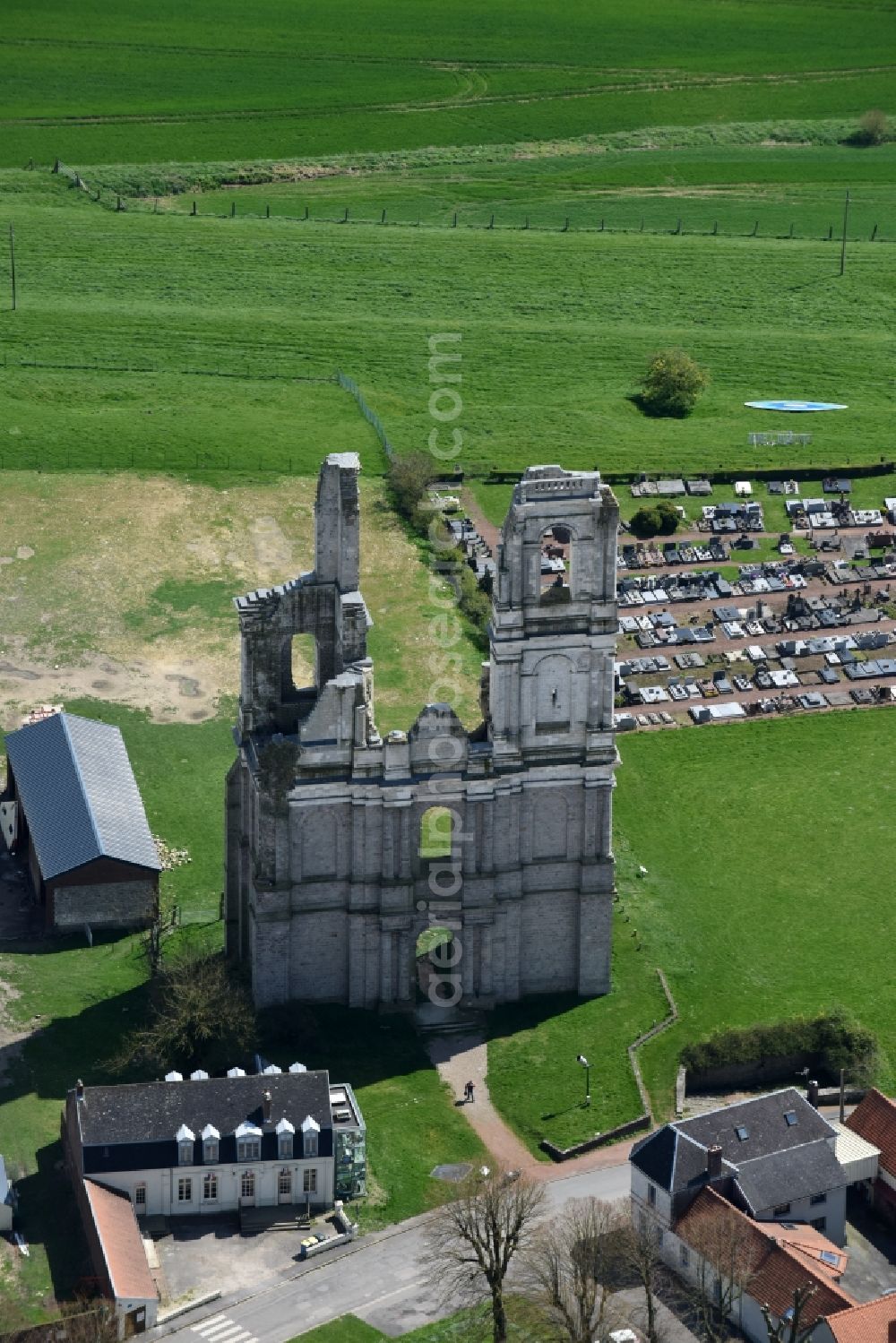 Aerial image Mont-Saint-Éloi - Ruins of the church building of the two collapsed towers and remains of the facade of the abbey at Mont-Saint-Eloi in Nord-Pas-de-Calais Picardy, France