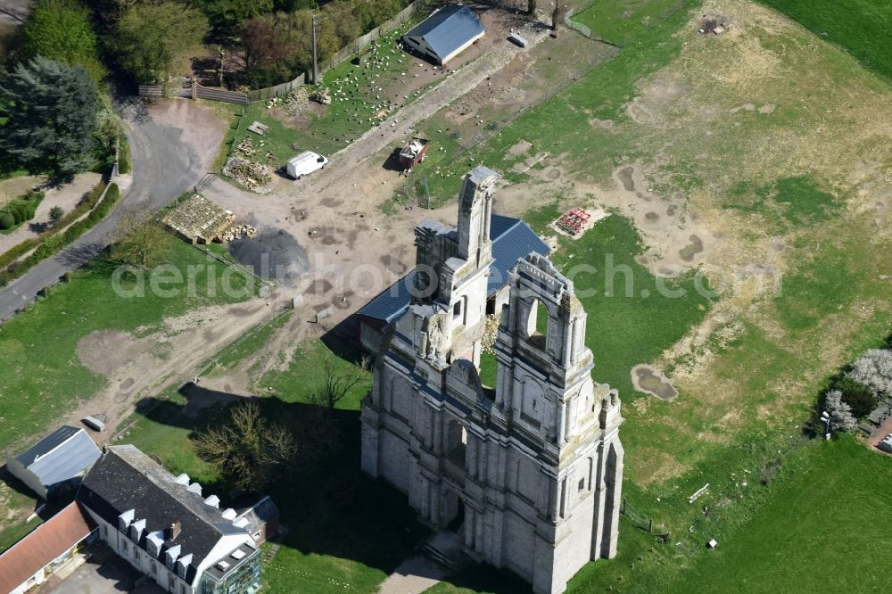 Mont-Saint-Éloi from above - Ruins of the church building of the two collapsed towers and remains of the facade of the abbey at Mont-Saint-Eloi in Nord-Pas-de-Calais Picardy, France