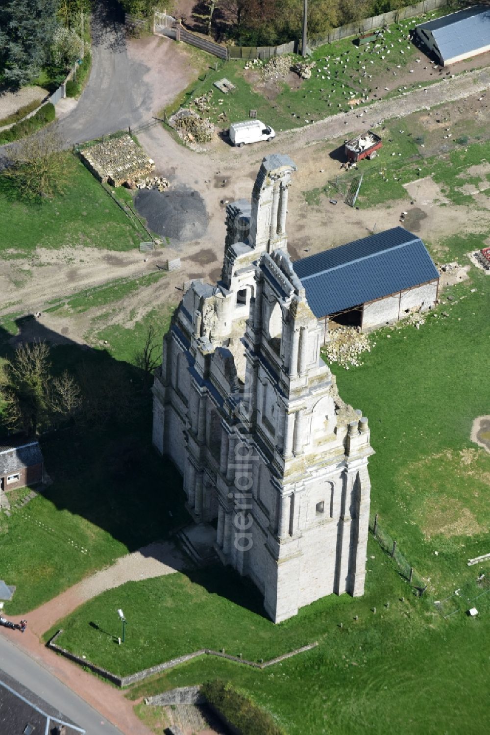 Aerial image Mont-Saint-Éloi - Ruins of the church building of the two collapsed towers and remains of the facade of the abbey at Mont-Saint-Eloi in Nord-Pas-de-Calais Picardy, France