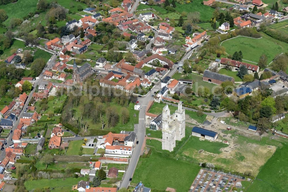 Mont-Saint-Éloi from above - Ruins of the church building of the two collapsed towers and remains of the facade of the abbey at Mont-Saint-Eloi in Nord-Pas-de-Calais Picardy, France