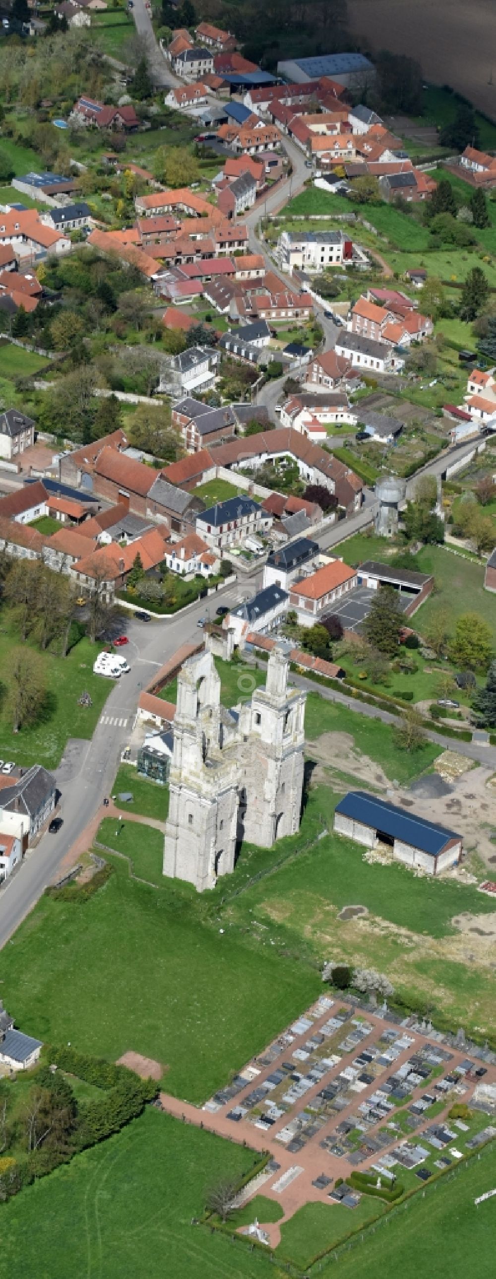 Mont-Saint-Éloi from above - Ruins of the church building of the two collapsed towers and remains of the facade of the abbey at Mont-Saint-Eloi in Nord-Pas-de-Calais Picardy, France