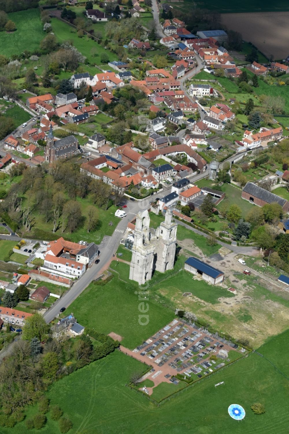 Mont-Saint-Éloi from the bird's eye view: Ruins of the church building of the two collapsed towers and remains of the facade of the abbey at Mont-Saint-Eloi in Nord-Pas-de-Calais Picardy, France