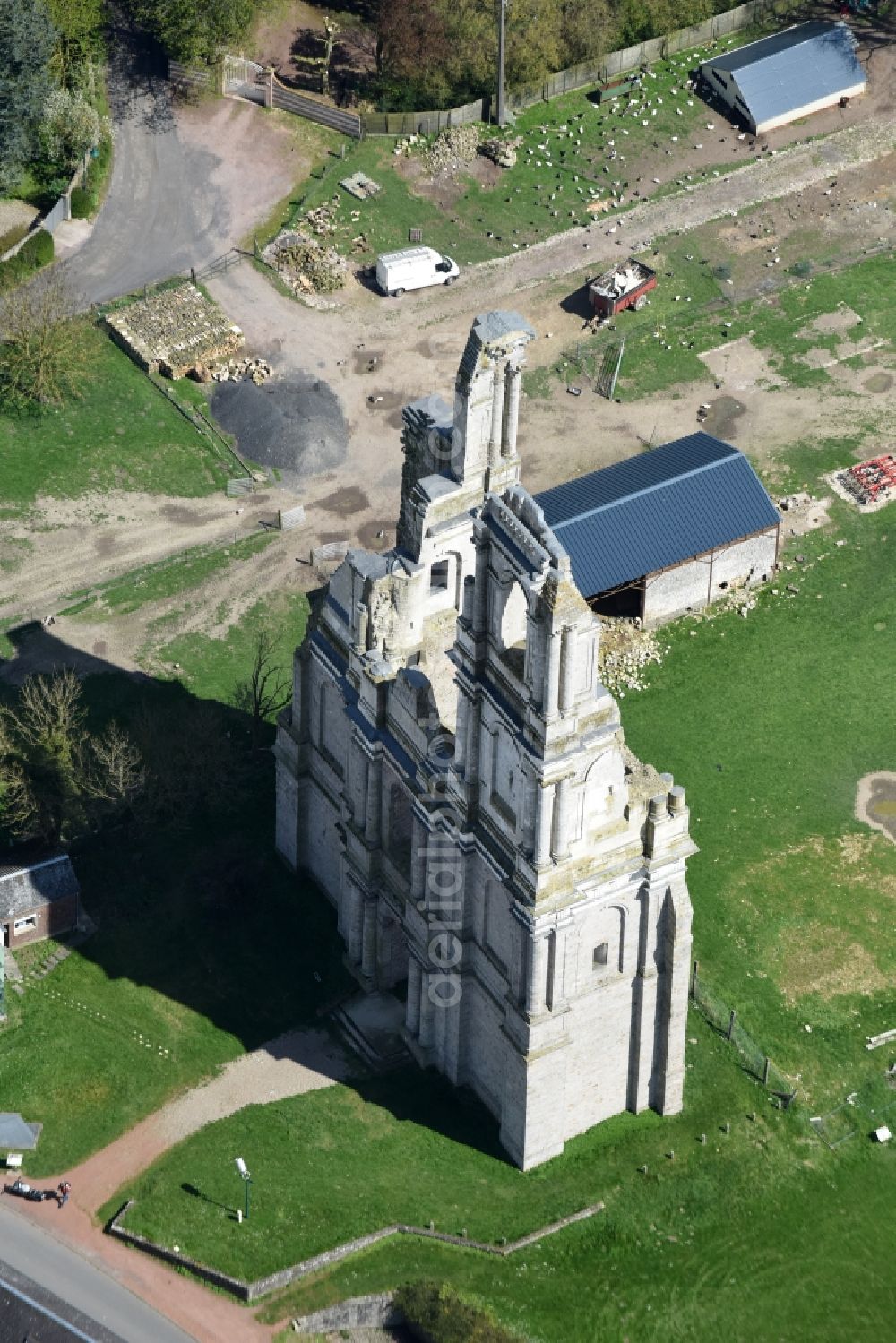 Mont-Saint-Éloi from above - Ruins of the church building of the two collapsed towers and remains of the facade of the abbey at Mont-Saint-Eloi in Nord-Pas-de-Calais Picardy, France