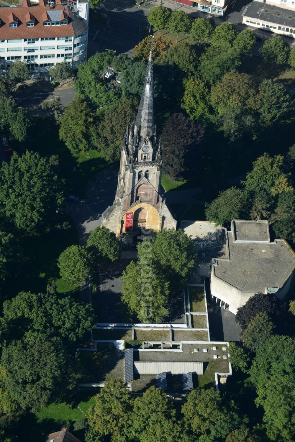 Kassel from above - Ruins of church building Lutherkirche in Kassel in the state Hesse