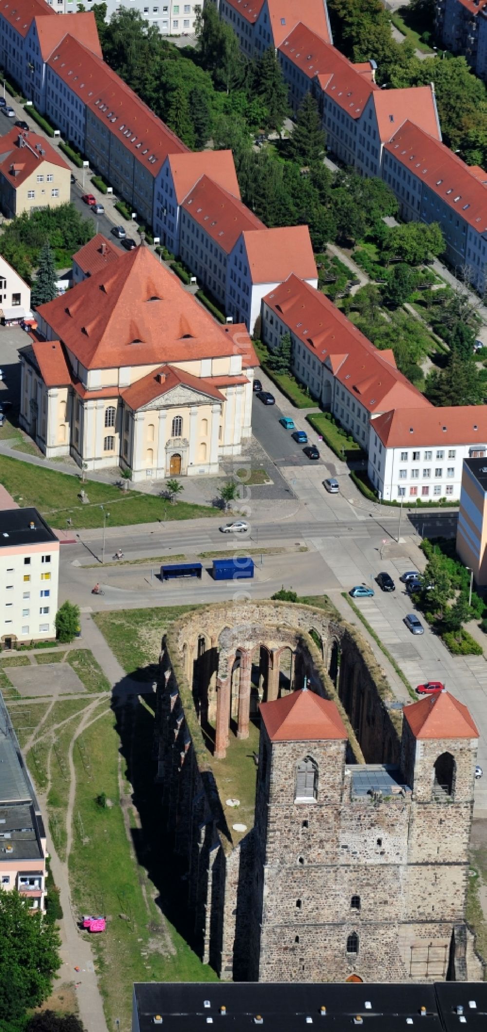 Zerbst/Anhalt from above - Ruins of church building Sankt Nikolai on Schleibank in Zerbst/Anhalt in the state Saxony-Anhalt, Germany