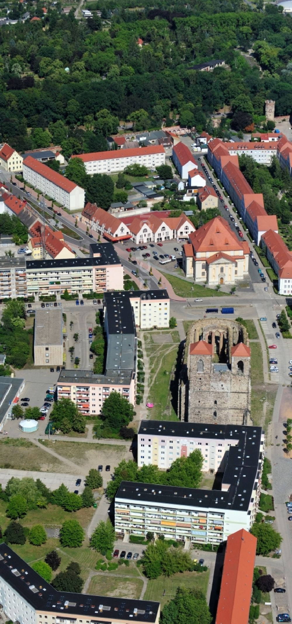 Aerial image Zerbst/Anhalt - Ruins of church building Sankt Nikolai on Schleibank in Zerbst/Anhalt in the state Saxony-Anhalt, Germany