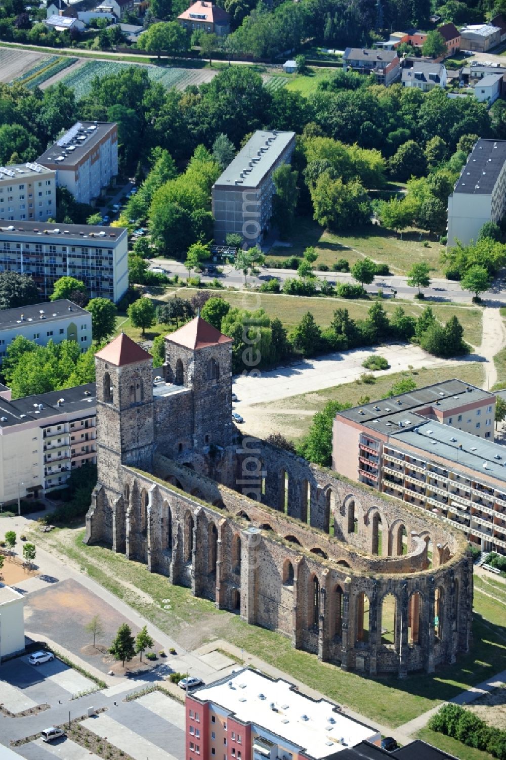 Zerbst/Anhalt from above - Ruins of church building Sankt Nikolai on Schleibank in Zerbst/Anhalt in the state Saxony-Anhalt, Germany