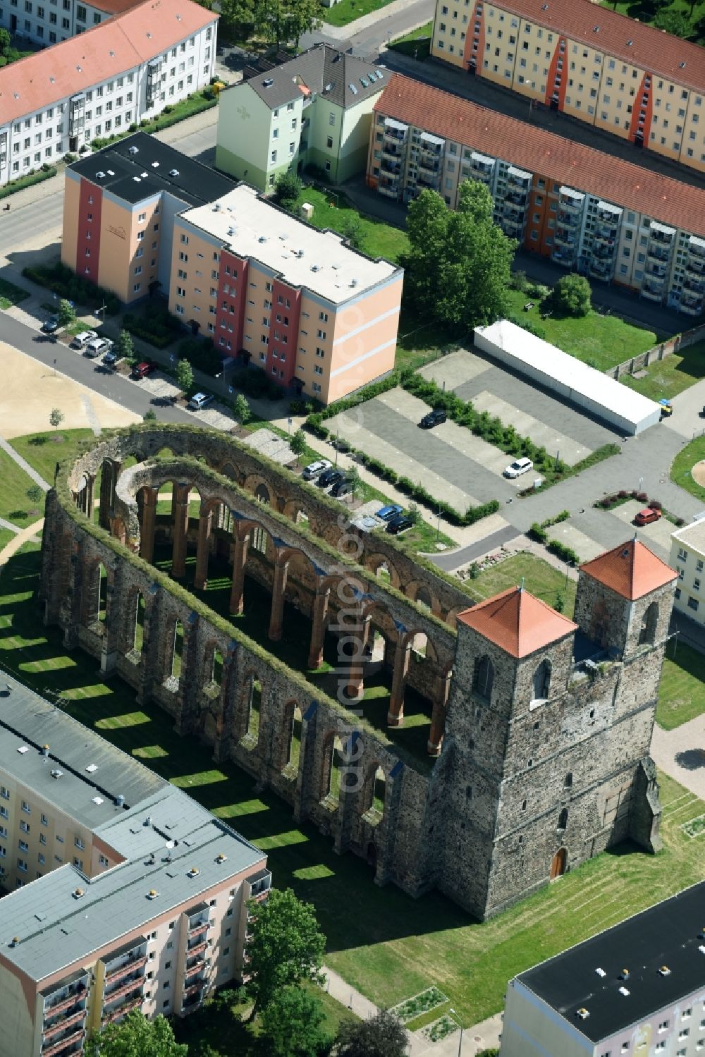 Zerbst/Anhalt from above - Ruins of church building Sankt Nikolai on Schleibank in Zerbst/Anhalt in the state Saxony-Anhalt, Germany