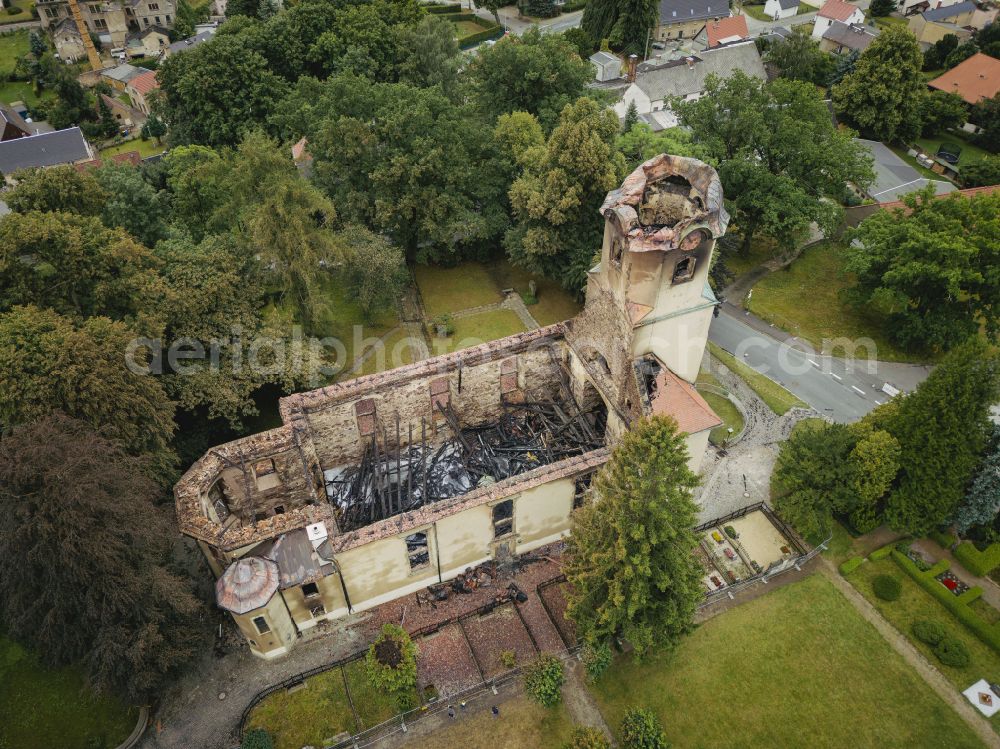 Großröhrsdorf from above - Ruins of church building Stadtkirche on street Lichtenberger Strasse in Grossroehrsdorf in the state Saxony, Germany