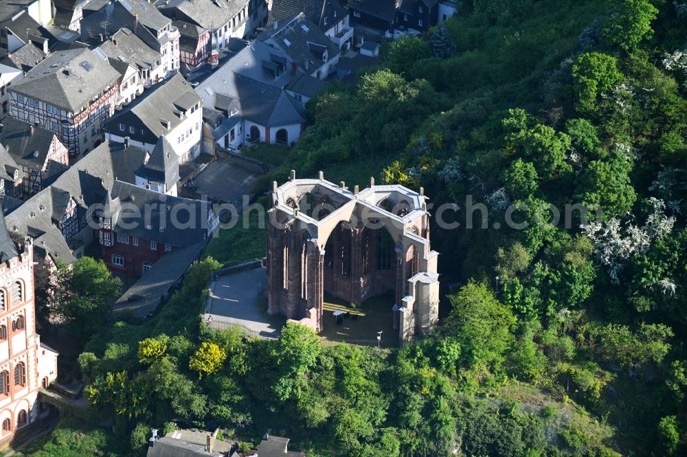 Bacharach from the bird's eye view: Ruins of church building Wernerkapelle in Bacharach in the state Rhineland-Palatinate, Germany