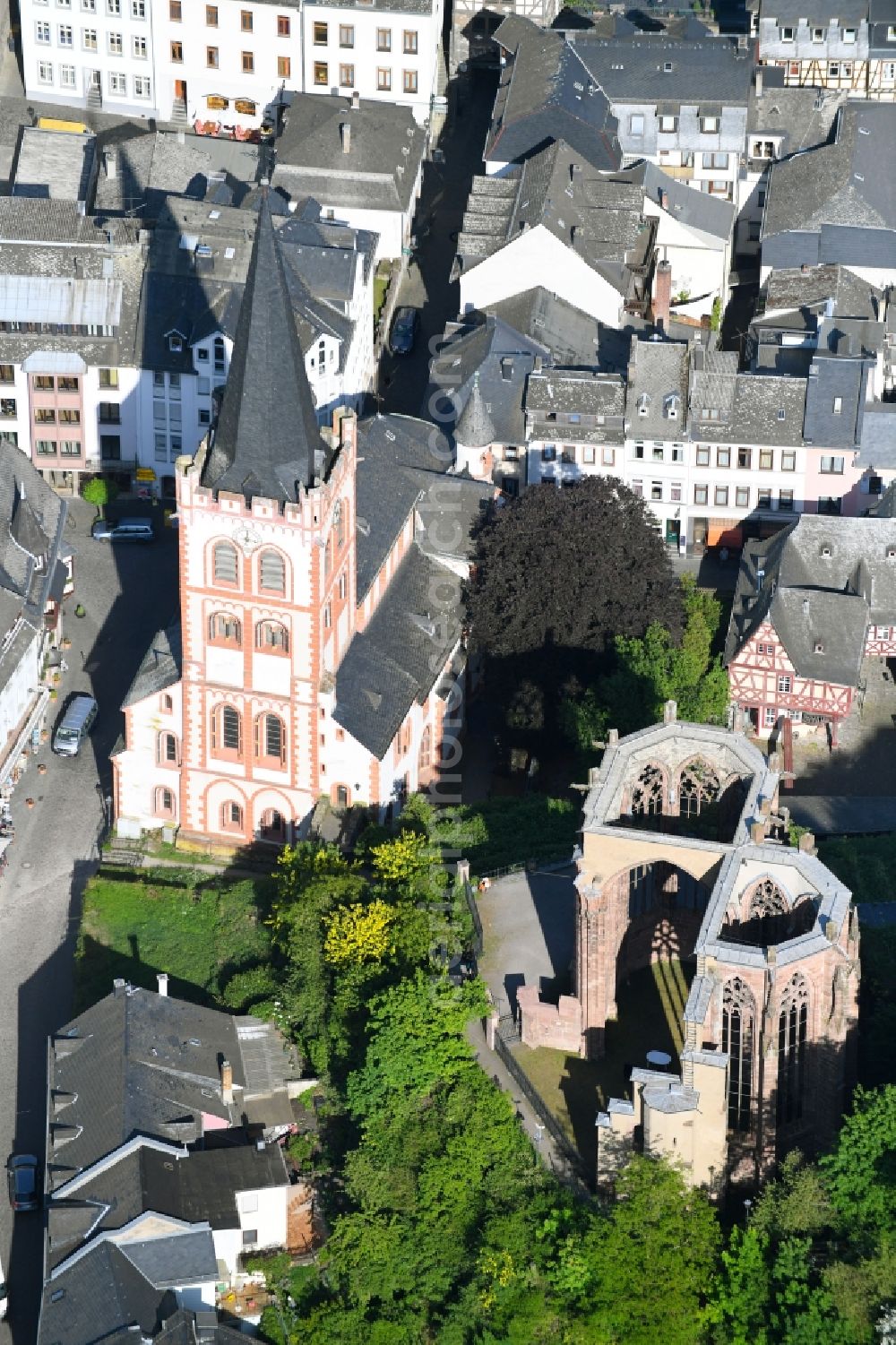 Bacharach from above - Ruins of church building Wernerkapelle in Bacharach in the state Rhineland-Palatinate, Germany