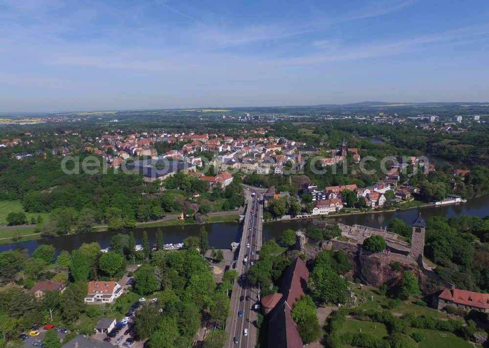 Aerial image Halle (Saale) - Ruins and vestiges of the former castle and fortress Burg Giebichenstein in Halle (Saale) in the winter with snow in the state Saxony-Anhalt, Germany