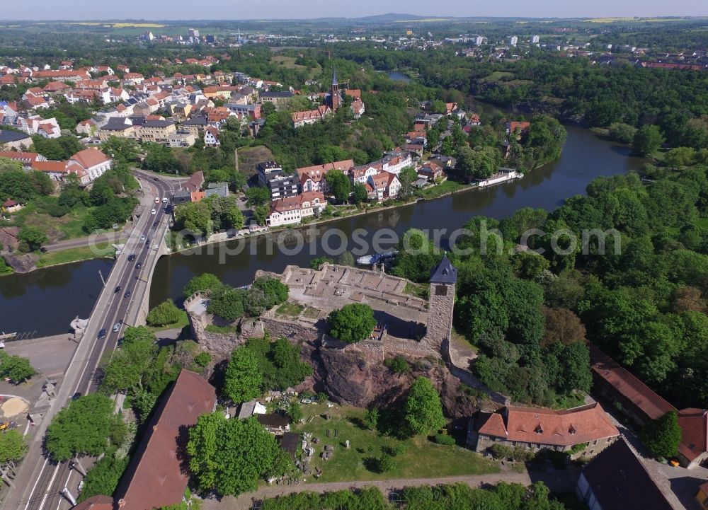 Halle (Saale) from above - Ruins and vestiges of the former castle and fortress Burg Giebichenstein in Halle (Saale) in the winter with snow in the state Saxony-Anhalt, Germany