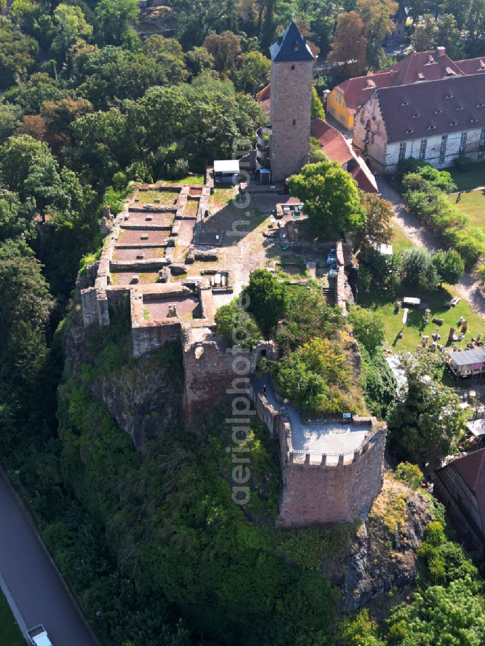 Halle / Saale from the bird's eye view: Ruins and vestiges of the former castle and fortress Burg Giebichenstein in Halle (Saale) in the winter in the state Saxony-Anhalt, Germany