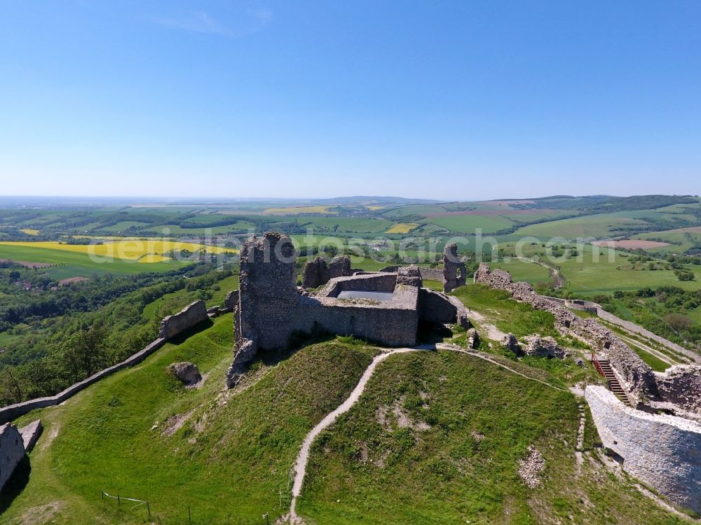 Aerial image Podbranc - Ruins and vestiges of the former castle Branc castle in the district Podzamok in Podbranc in Trnavsky kraj, Slovakia