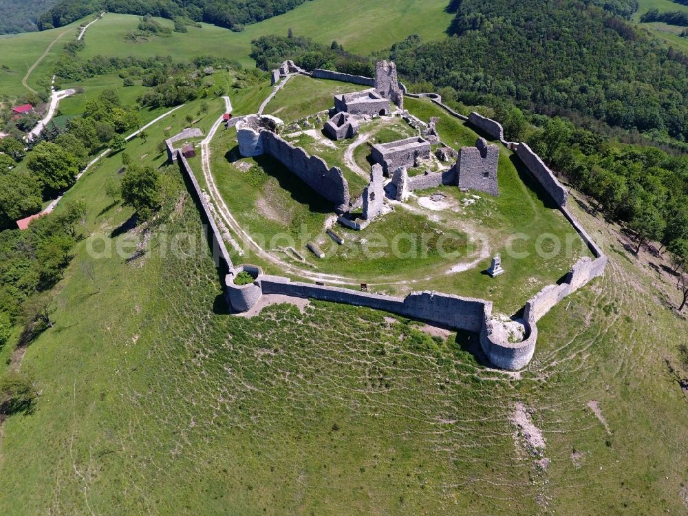 Aerial image Podbranc - Ruins and vestiges of the former castle Branc castle in the district Podzamok in Podbranc in Trnavsky kraj, Slovakia