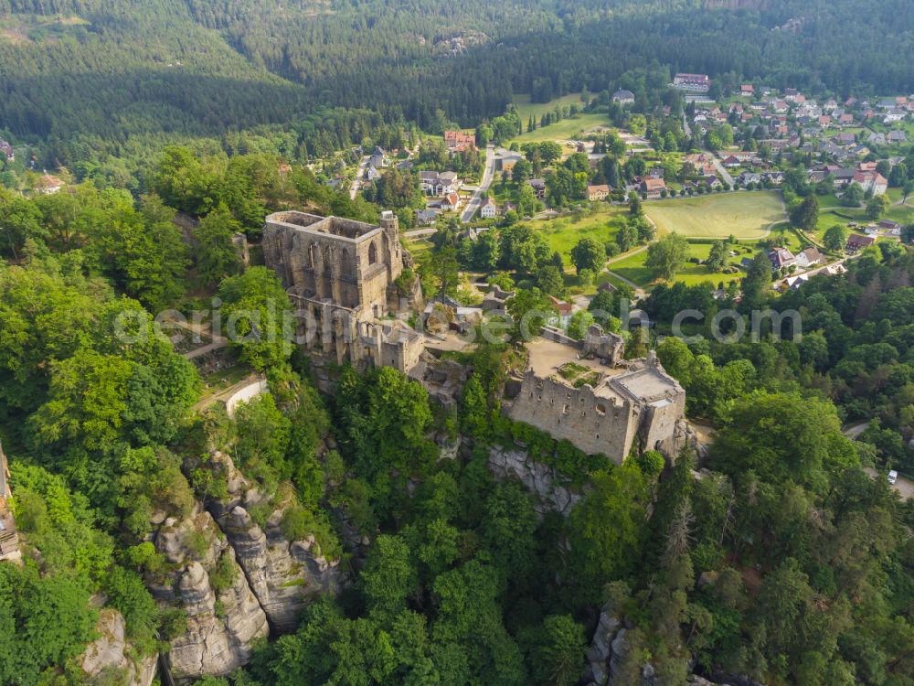 Aerial photograph Kurort Oybin - Ruins and vestiges of the former castle Burg and Kloster Oybin on street Hauptstrasse in Kurort Oybin in the state Saxony, Germany