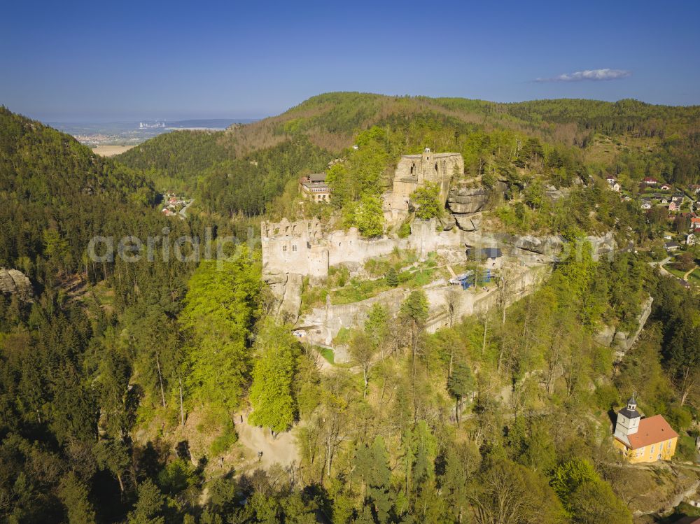 Aerial image Kurort Oybin - Ruins and vestiges of the former castle Burg and Kloster Oybin on street Hauptstrasse in Kurort Oybin in the state Saxony, Germany