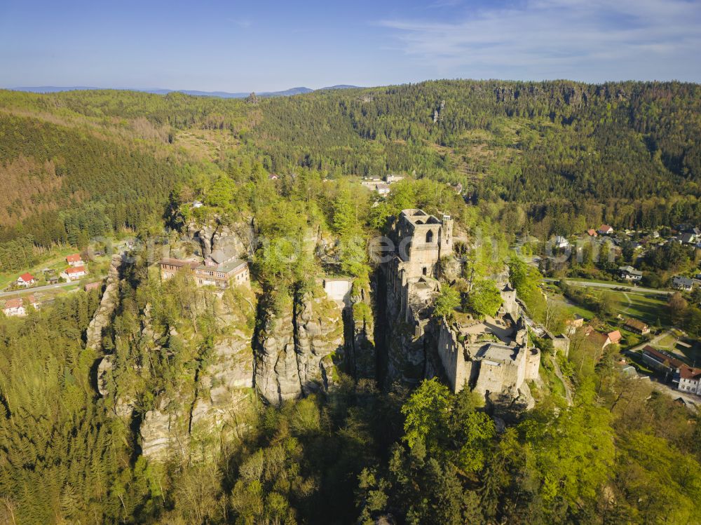 Aerial image Kurort Oybin - Ruins and vestiges of the former castle Burg and Kloster Oybin on street Hauptstrasse in Kurort Oybin in the state Saxony, Germany