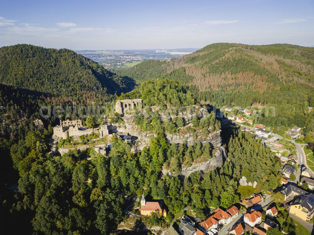 Kurort Oybin from above - Ruins and vestiges of the former castle Burg and Kloster Oybin on street Hauptstrasse in Kurort Oybin in the state Saxony, Germany