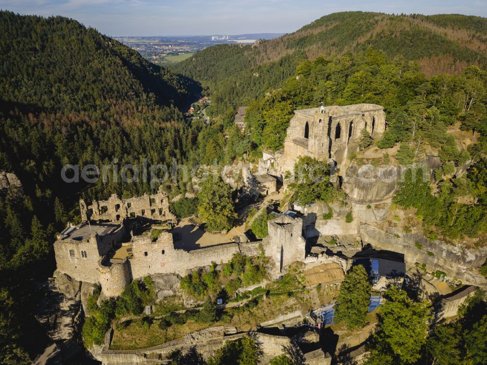 Kurort Oybin from the bird's eye view: Ruins and vestiges of the former castle Burg and Kloster Oybin on street Hauptstrasse in Kurort Oybin in the state Saxony, Germany