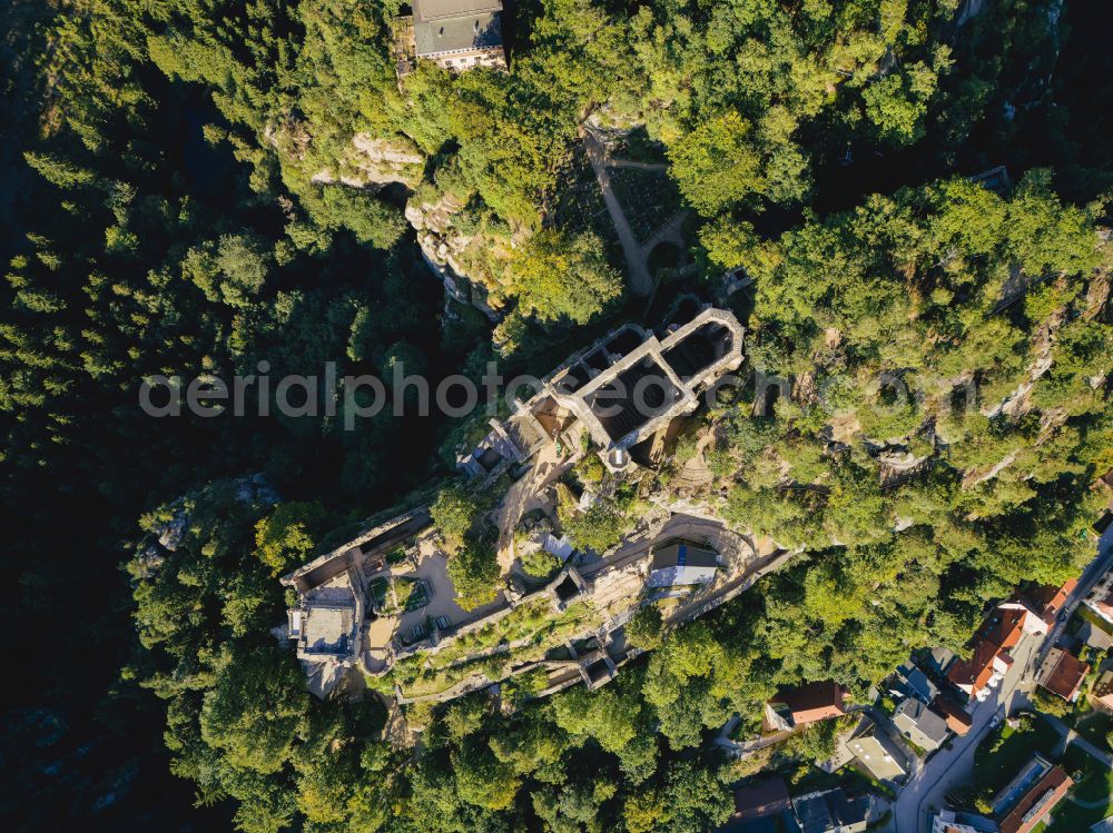 Aerial image Kurort Oybin - Ruins and vestiges of the former castle Burg and Kloster Oybin on street Hauptstrasse in Kurort Oybin in the state Saxony, Germany