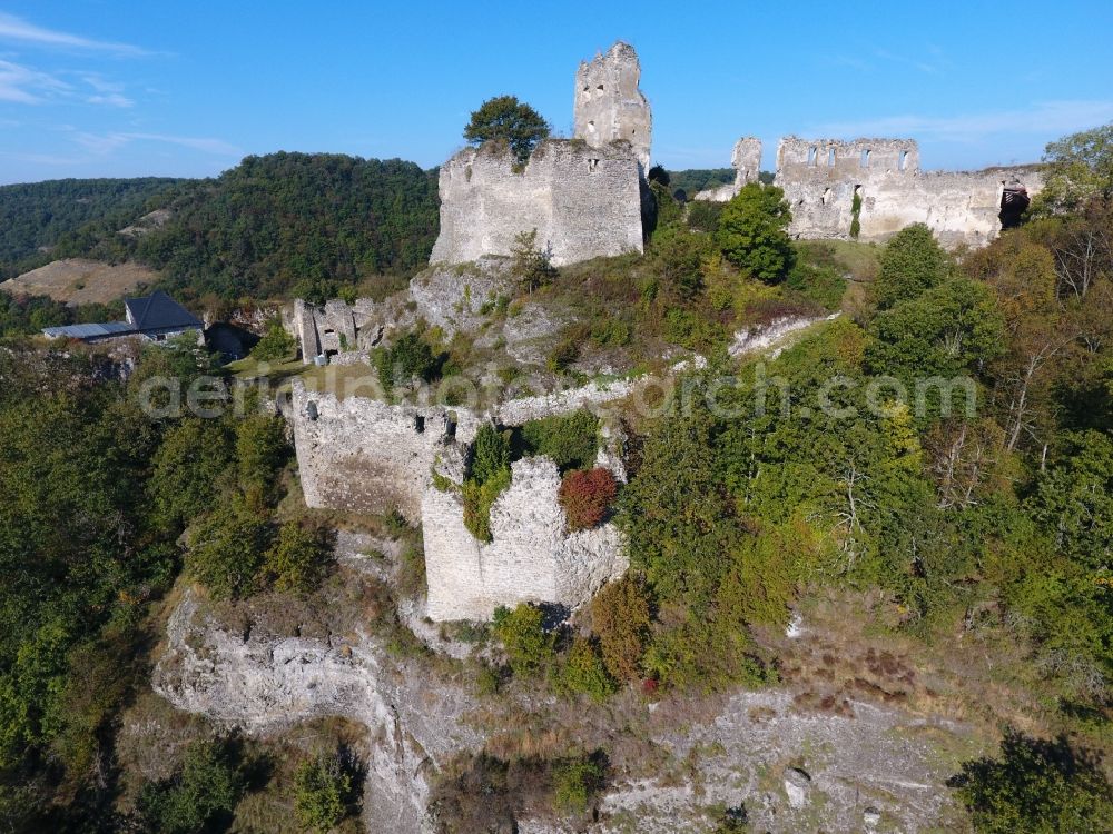 Aerial image Cabradsky Vrbovok - Ruins and vestiges of the former castle in Cabradsky Vrbovok in Banskobystricky kraj, Slovakia