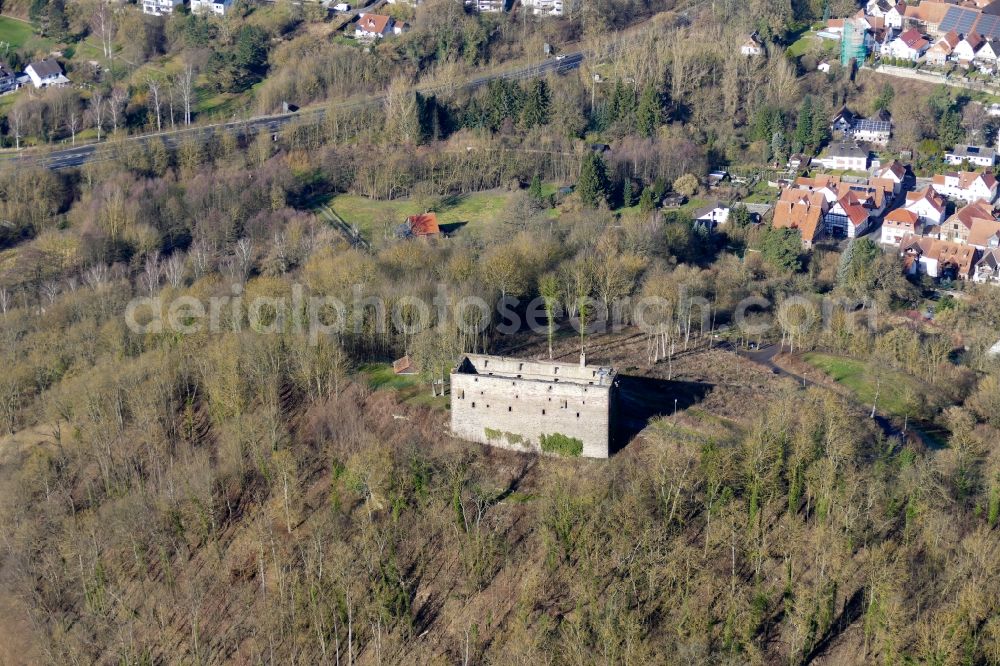 Aerial image Grebenstein - Ruins and vestiges of the former castle Grebenstein in Grebenstein in the state Hesse, Germany