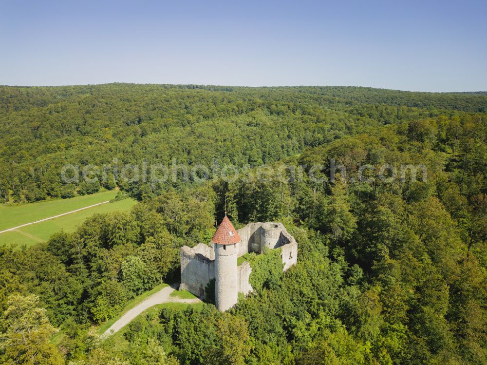 Nazza from above - Ruins and vestiges of the former castle Haineck in Nazza in the state Thuringia, Germany