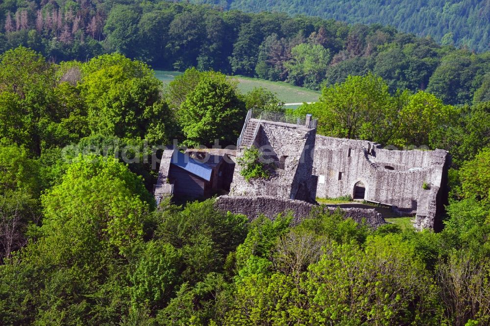 Haunetal from above - Ruins and vestiges of the former castle Hauneck in Haunetal in the state Hesse, Germany