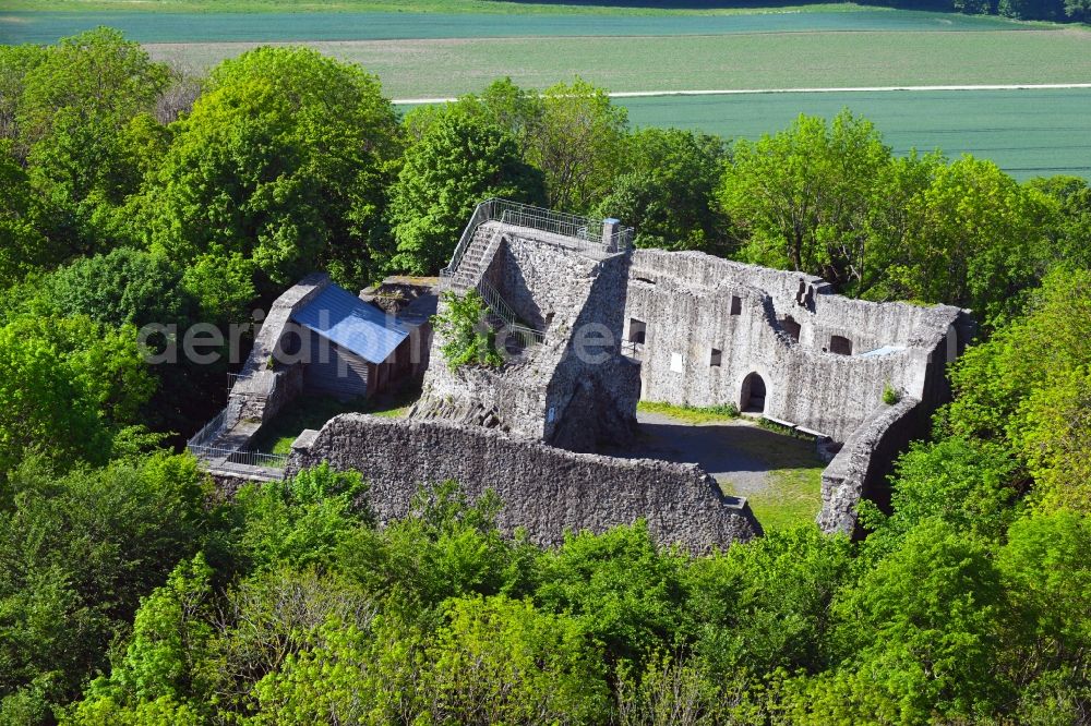 Aerial image Haunetal - Ruins and vestiges of the former castle Hauneck in Haunetal in the state Hesse, Germany