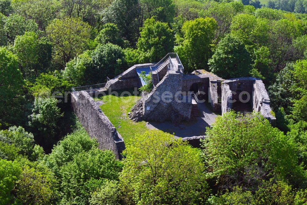 Haunetal from above - Ruins and vestiges of the former castle Hauneck in Haunetal in the state Hesse, Germany