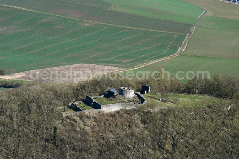 Aerial image Felsberg - Ruins and vestiges of the former castle Heiligenberg in Felsberg in the state Hesse, Germany