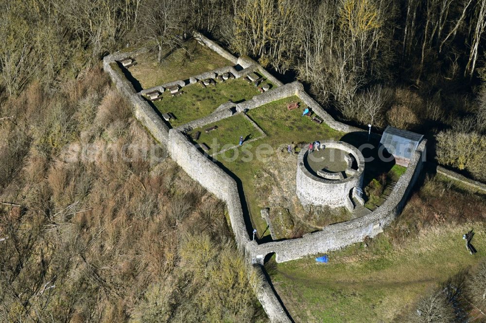 Aerial image Felsberg - Ruins and vestiges of the former castle Heiligenberg in Felsberg in the state Hesse, Germany