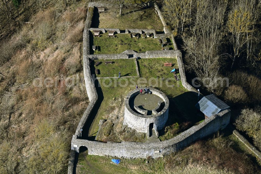 Felsberg from above - Ruins and vestiges of the former castle Heiligenberg in Felsberg in the state Hesse, Germany