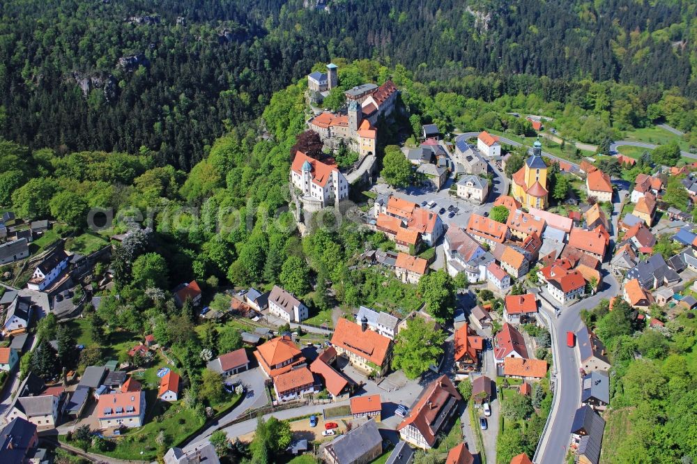 Hohnstein from the bird's eye view: Ruins and vestiges of the former castle in Hohnstein in the state Saxony, Germany