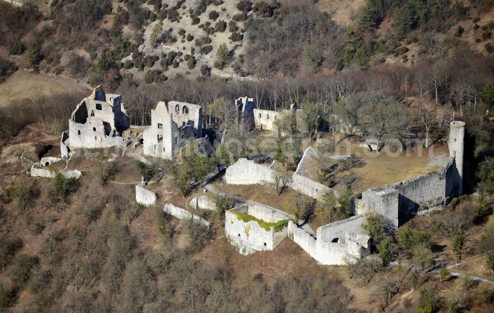 Aerial image Gössenheim - Ruins and vestiges of the former castle and fortress Homburg in Goessenheim in the state Bavaria, Germany