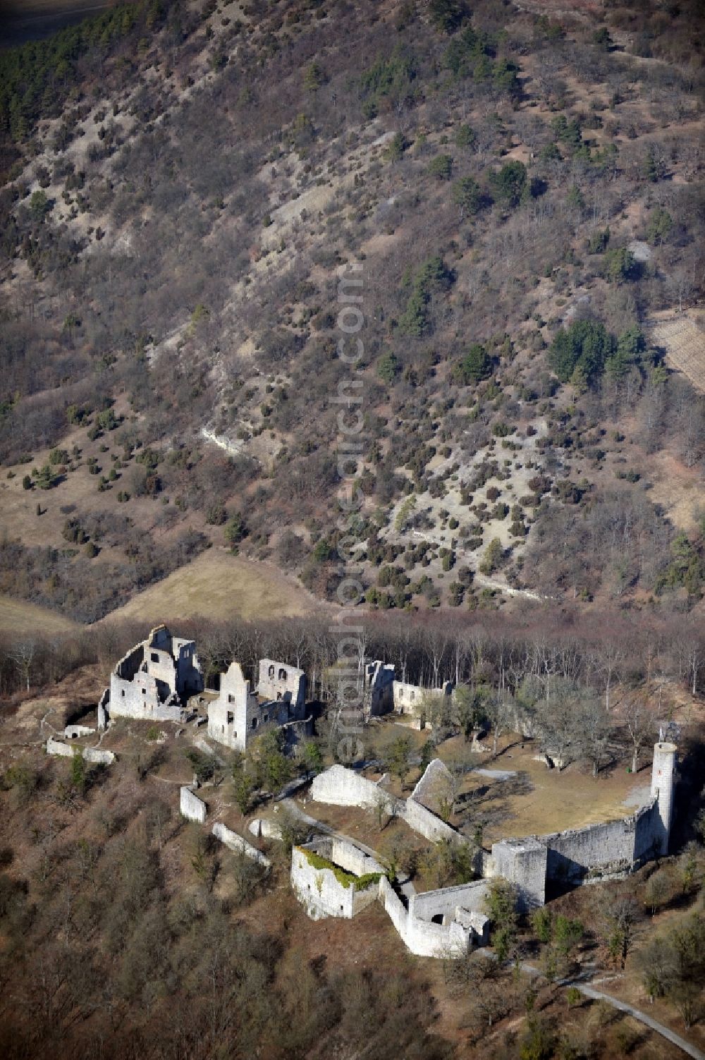 Gössenheim from above - Ruins and vestiges of the former castle and fortress Homburg in Goessenheim in the state Bavaria, Germany