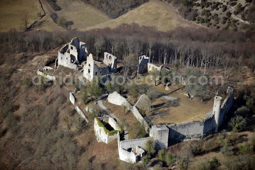 Aerial image Gössenheim - Ruins and vestiges of the former castle and fortress Homburg in Goessenheim in the state Bavaria, Germany