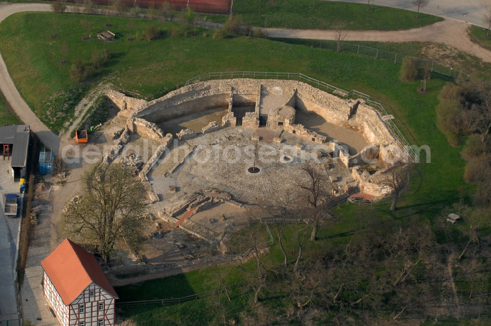 Herbsleben from above - Ruins and vestiges of the former castle - Schlossruine on street Hauptstrasse in Herbsleben in the state Thuringia, Germany