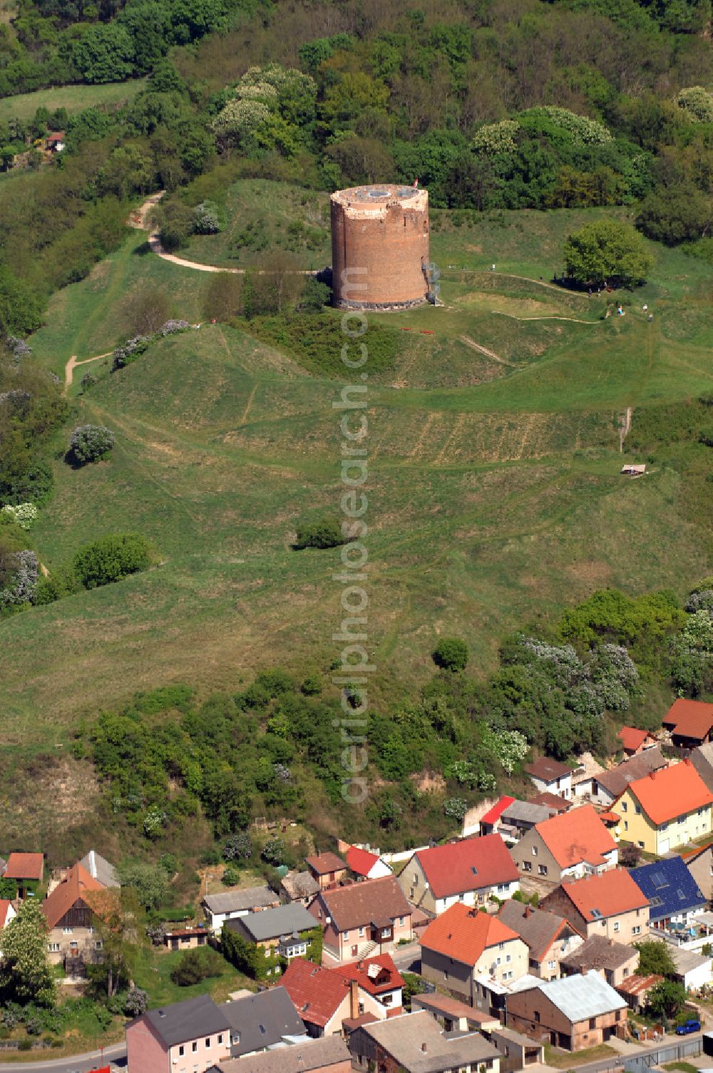 Stolpe from above - Ruins and vestiges of the former castle Stolper Turm - Gruetzpott in Stolpe in the Uckermark in the state Brandenburg, Germany