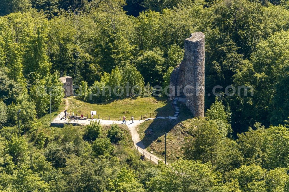 Berlinghausen from above - Ruins and remains of walls of the personal castle complex Waldenburg near Berlinghausen in the state North Rhine-Westphalia, Germany