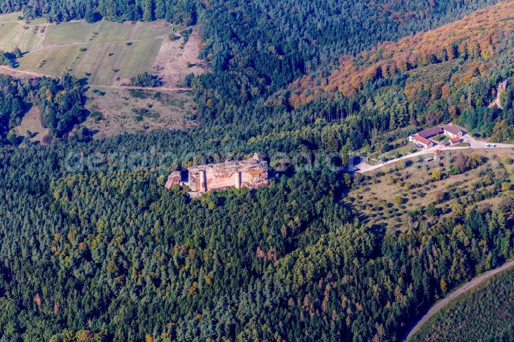 Aerial image Lembach - Ruins and vestiges of the former fortress Burg Fleckenstein with Cafe of 4 Chateaux in Lembach in Grand Est, France