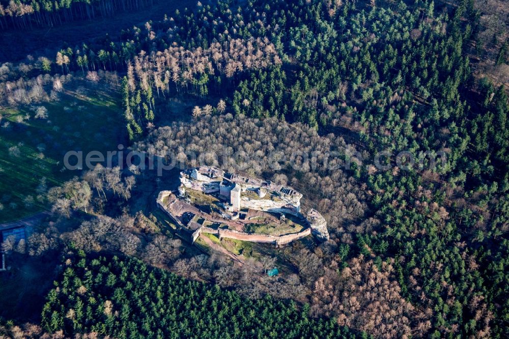 Lembach from above - Ruins and vestiges of the former fortress Burg Fleckenstein in Lembach in Alsace-Champagne-Ardenne-Lorraine, France