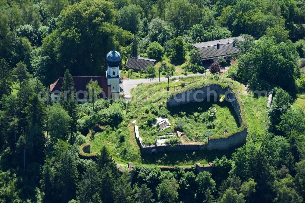 Neurandsberg from above - Ruins and vestiges of the former castle and fortress Burg Neurandsberg in Neurandsberg in the state Bavaria, Germany