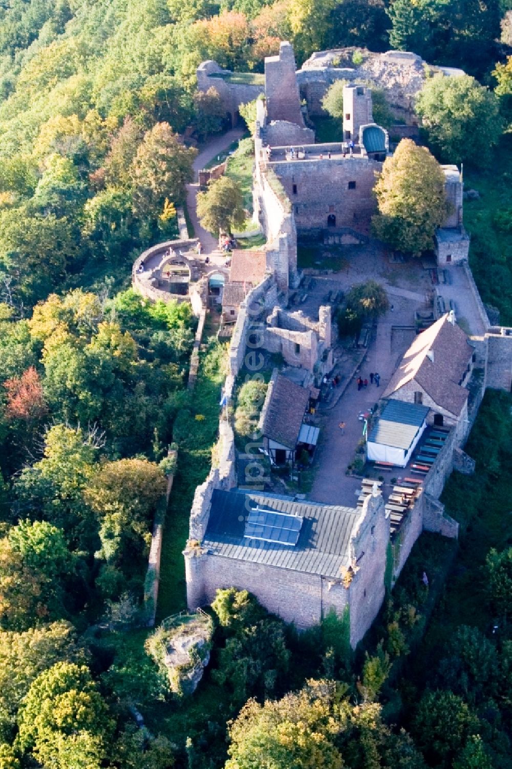 Eschbach from above - Ruins and vestiges of the former castle and fortress Madenburg in Eschbach in the state Rhineland-Palatinate