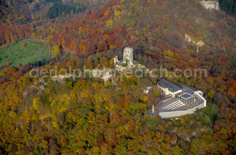 Aerial photograph Königswinter - Ruins and vestiges of the former castle and fortress Drachenfels in Koenigswinter in the state North Rhine-Westphalia