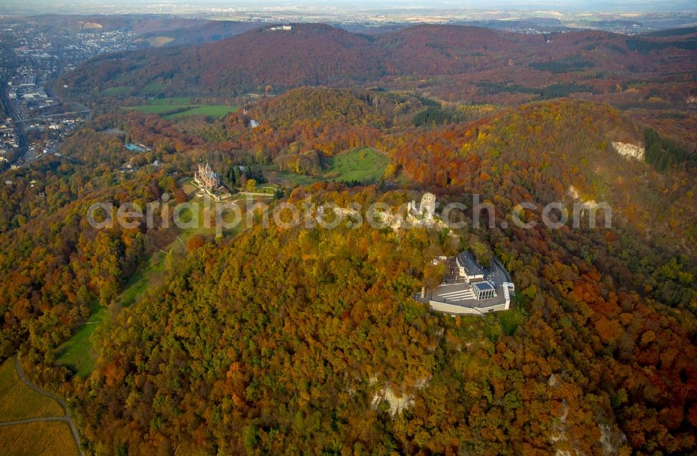 Königswinter from above - Ruins and vestiges of the former castle and fortress Drachenfels in Koenigswinter in the state North Rhine-Westphalia